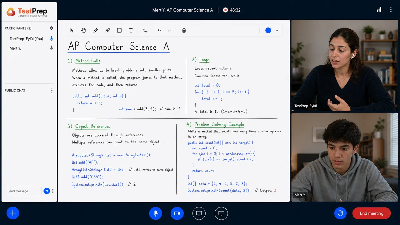 AP Computer Science A 1-to-1 lesson in the TestPrep classroom