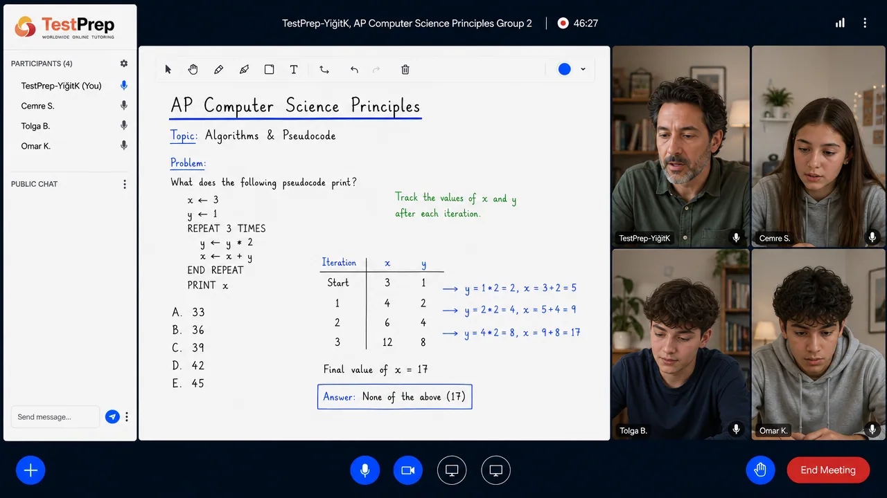 AP Computer Science Principles live online lesson in the TestPrep classroom