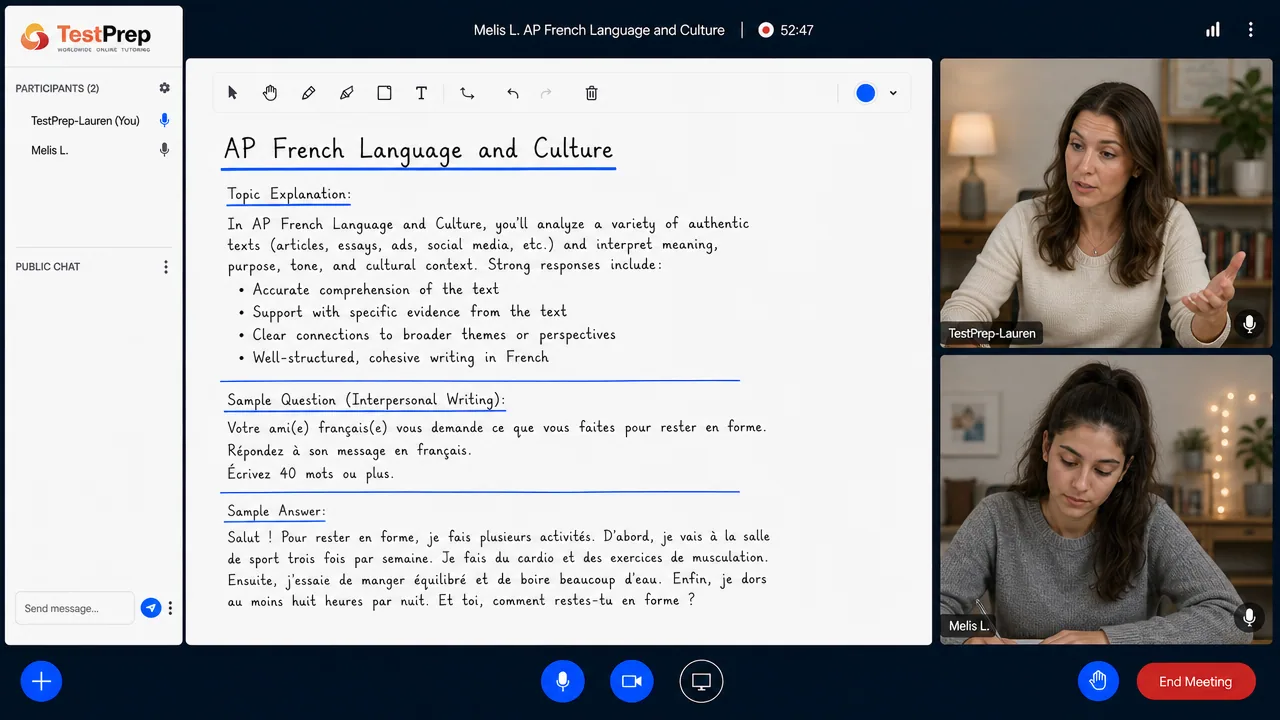AP French Language and Culture 1-to-1 lesson in the TestPrep classroom