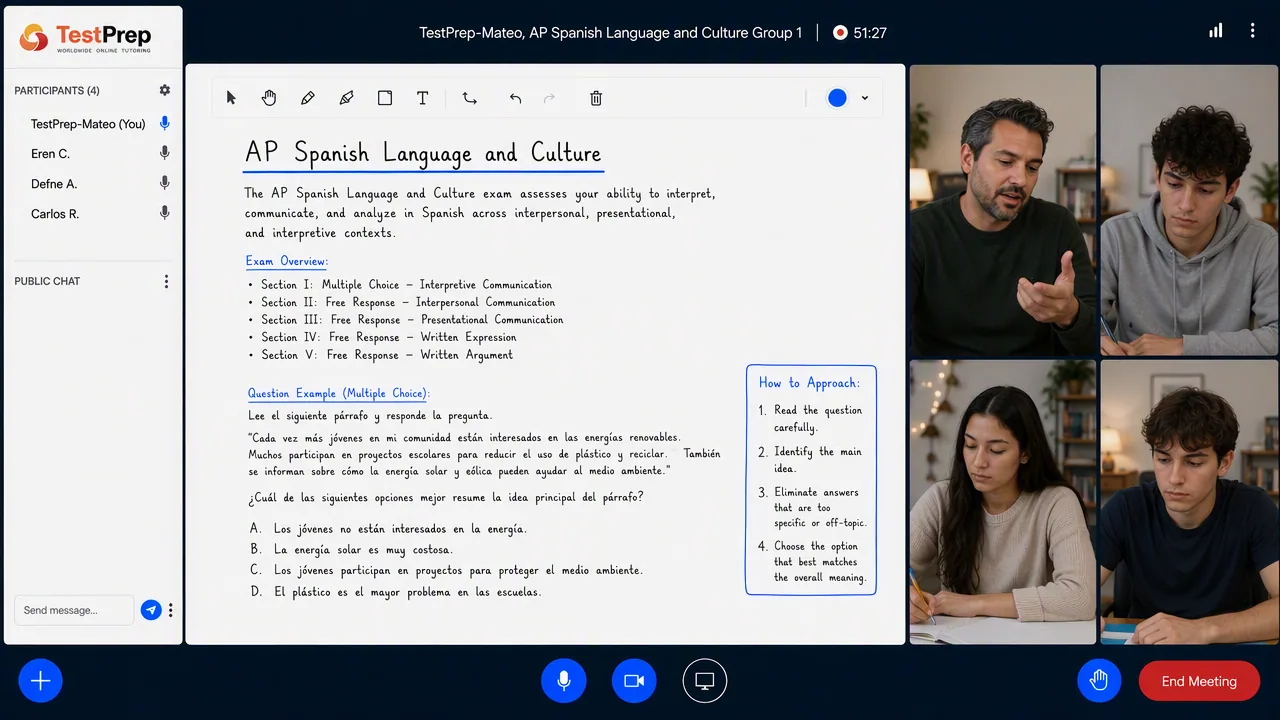 AP Spanish Language and Culture live online lesson in the TestPrep classroom
