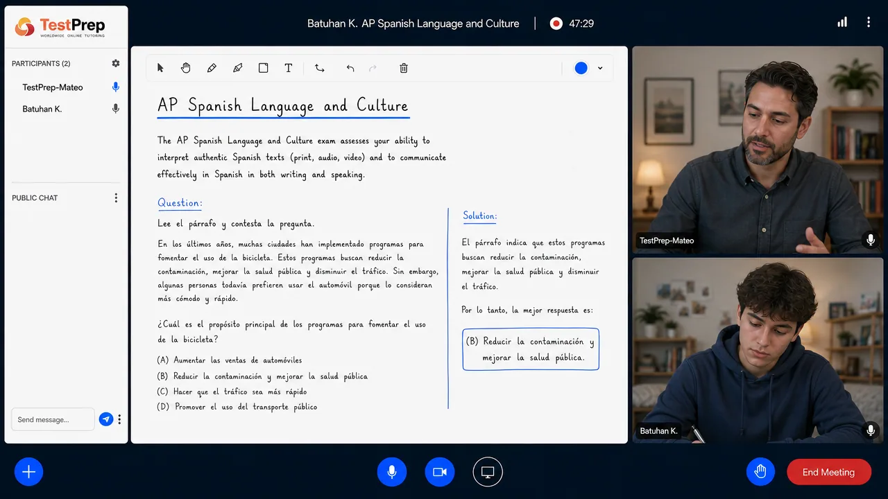 AP Spanish Language and Culture 1-to-1 lesson in the TestPrep classroom