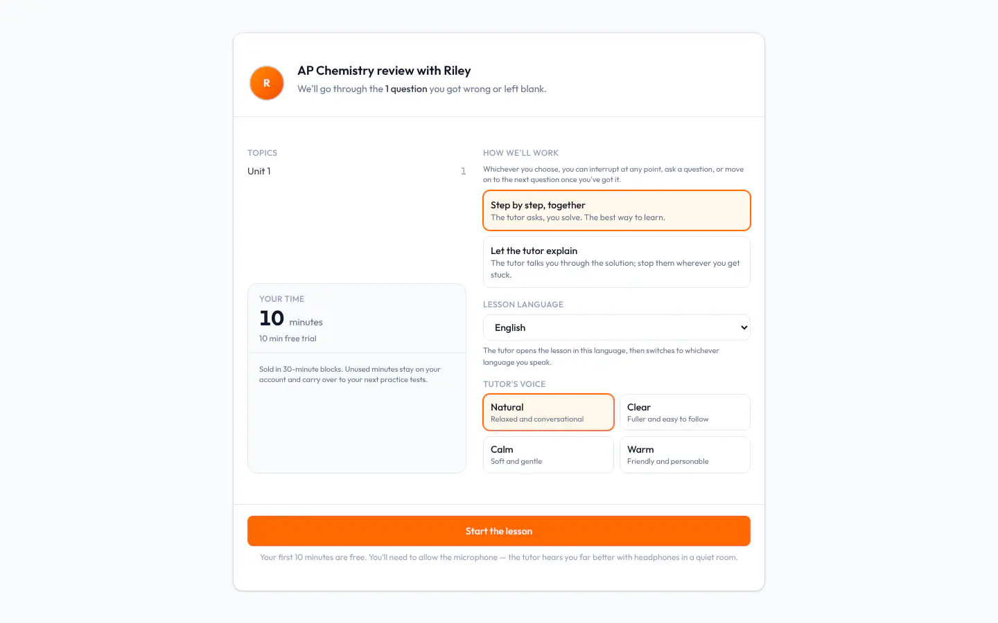 AI Tutor start screen: how many questions there are to go over and their topics, the time left, and the choice of lesson mode, language and voice.